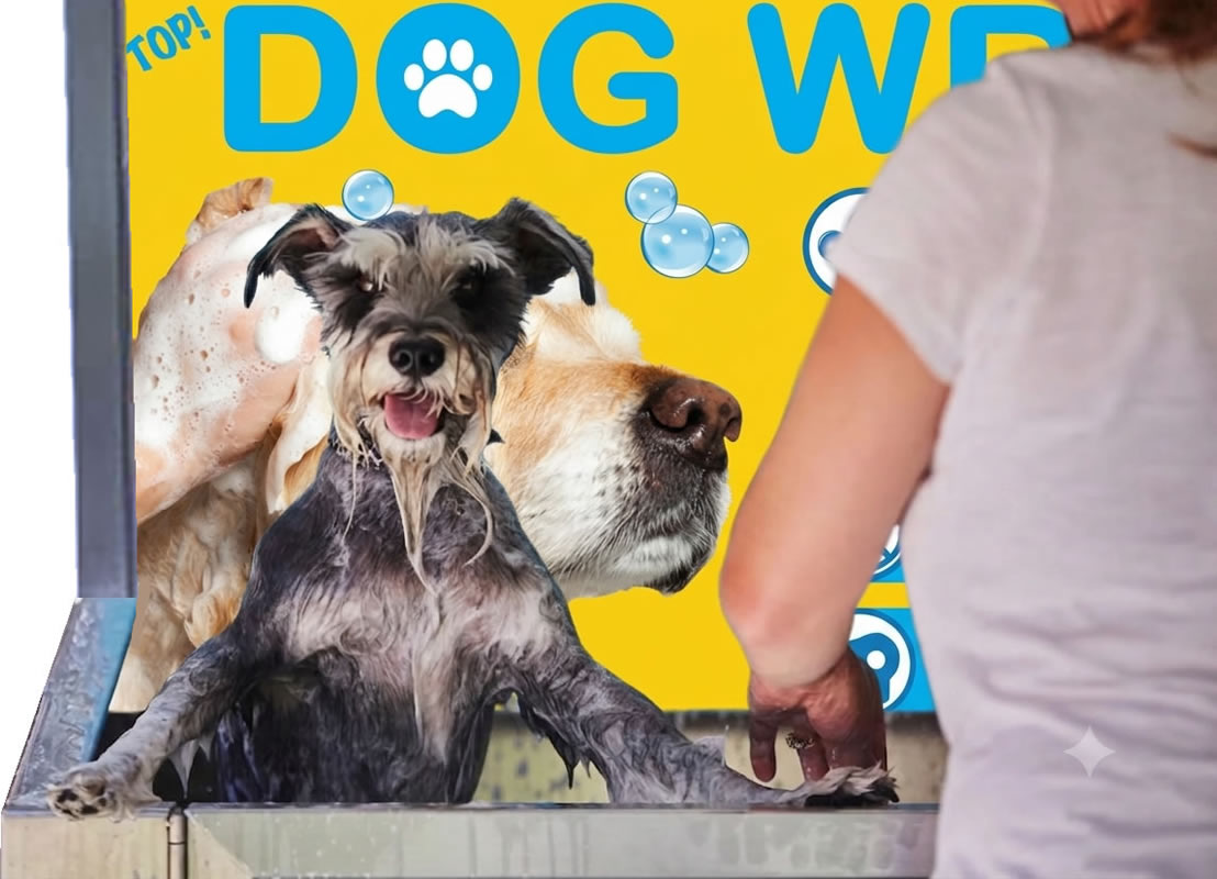 Dog enjoying bath time in a Top Dog Wash self-serve dog wash