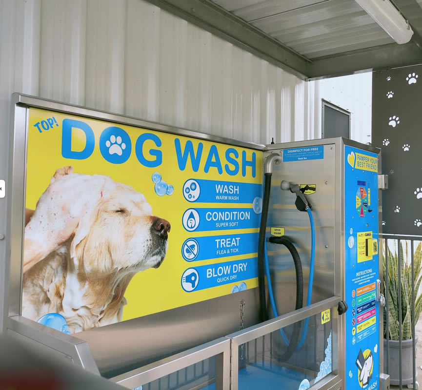 Back panel of the Top Dog Wash self-serve dog wash unit